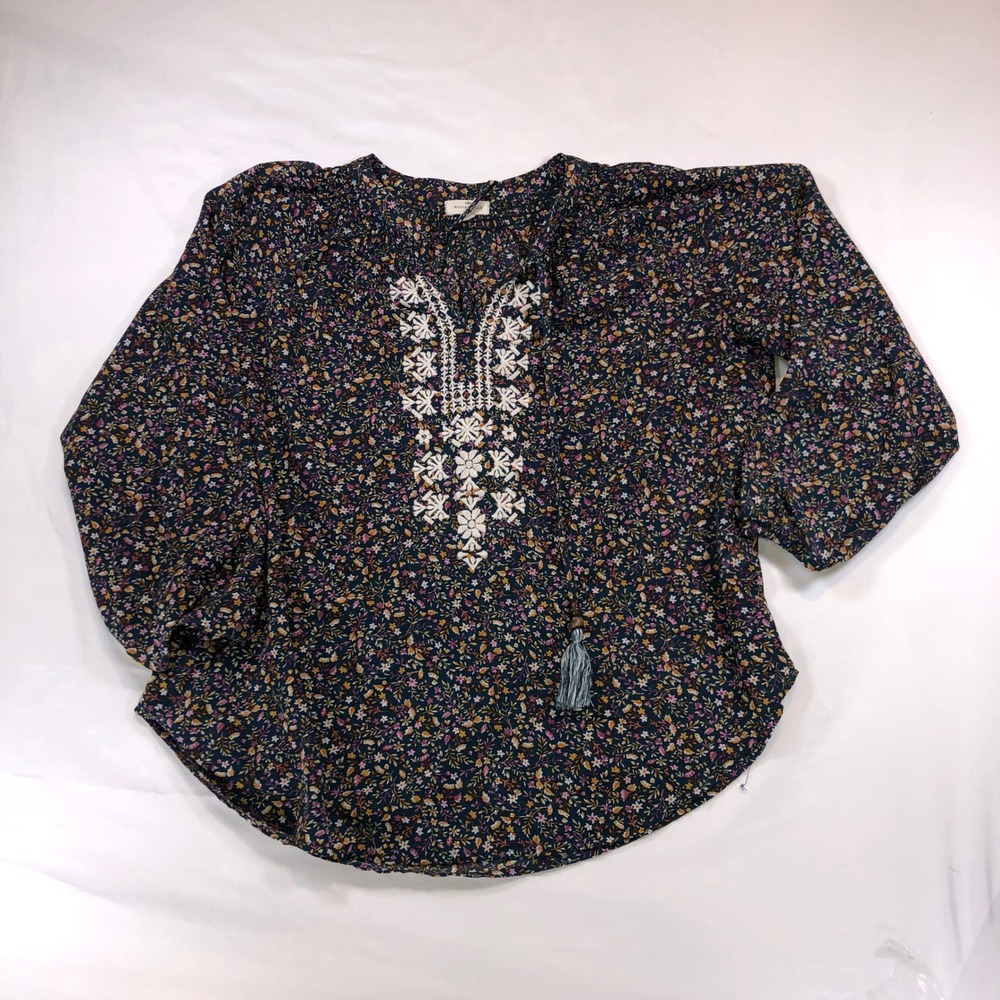 Mason & Belle Floral Embroidered Tassel Peasant Blouse Teal Boho Top M